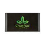A black promotional product with a green logo featuring leaves and utensils, labelled as a natural food store.
