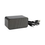 A black wireless charging speaker with a textured front and connected cables for charging and audio.