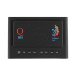 A black wireless charger speaker with buttons and a logo on the front, designed for alarm clock functionality.