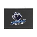 A black gaming accessory featuring a logo. The design is sleek and compact.