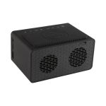 A black wireless charger speaker with two audio grills and a textured surface, featuring control buttons on top.