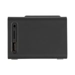 A black wireless charger speaker with ports for AUX, reset, and USB output on the side.