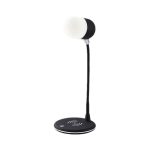 A black wireless charging sound lamp with a flexible neck and a round base, featuring a light at the top.