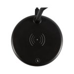 A round black wireless charging sound lamp featuring a sleek design with a logo at the base.