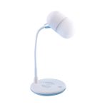 A white and blue wireless charging lamp with a flexible neck and a circular base featuring a logo.