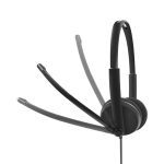 Black Regent Conference Headphones with adjustable microphone arms and cushioned ear pads. Features branding.