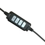 A black headphone control unit featuring four buttons for adjusting sound settings and volume.