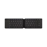 A foldable Bluetooth keyboard in black, featuring a compact design with standard keys and a side logo.