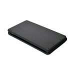 A black foldable Bluetooth keyboard, compact and portable, featuring a sleek design and a USB charging port.