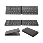 A foldable black Bluetooth keyboard displayed in various positions, featuring a compact design and a logo.