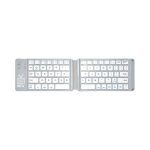 A foldable Bluetooth keyboard in silver, featuring a compact design and a logo on one side.