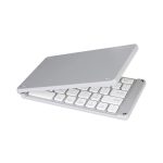 A grey foldable Bluetooth keyboard with white keys, featuring a sleek design and a logo on the surface.