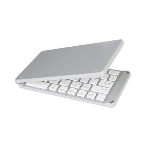 A grey foldable Bluetooth keyboard with white keys, featuring a sleek design and a logo on the surface.