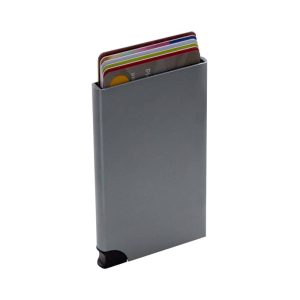 A grey Wally RFID case holding several cards, featuring a smooth finish and a subtle branding element.