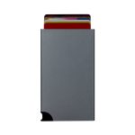 A slim, grey RFID case with colourful cards visible at the top and a rounded corner design.