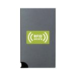 A grey RFID case featuring a sleek design and a logo, designed for secure card storage.