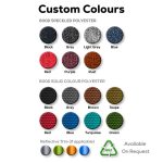 A collection of fabric swatches in various colours, including black, grey, blue, red, and green, with textures visible.