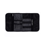 A grey toiletry roll with multiple compartments, mesh pockets, and zippers, featuring a logo.