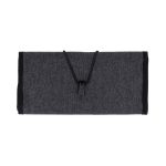 A grey toiletry bag with a textured finish, featuring a drawstring closure and black trim, including a logo.