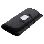 A grey toiletry accessory roll with a black trim, featuring a transparent pocket and a closure. It has a logo.