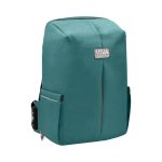 A teal backpack with multiple pockets and a branding logo, featuring a sleek, modern design.
