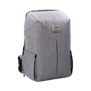 A grey backpack with a sleek design, featuring side pockets and a logo on the front.