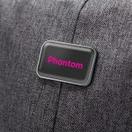 A grey backpack with a logo on the side, featuring the word "Phantom" in pink.