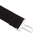 A black strap made of webbing material featuring a silver metal buckle. It includes a brand logo.