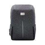 A grey backpack with a sleek design, featuring side pockets and a logo.