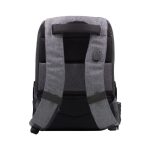 A grey backpack featuring padded straps and a logo, designed with sleek, anti-theft features.