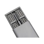 A grey precision tool kit with various screwdriver bits and a holder, featuring a sleek, compact design.