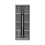 A black precision tool kit featuring various screwdriver bits and a handle, organised in a compact case with a logo.