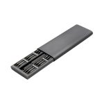 A compact grey tool kit featuring multiple precision bit drivers, housed in a sleek case.