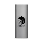 A grey promotional item featuring a logo, resembling a sleek tool or gadget.
