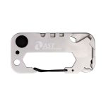 A silver multi-tool featuring various tools and a keyring attachment, with a logo included.