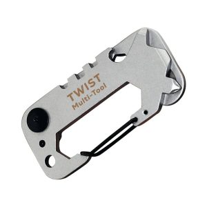 A silver multi-tool with a keyring attachment, featuring various tools and a branding logo.
