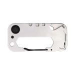 A silver multi-tool featuring various functions and a built-in keyring attachment. It has a simple, sleek design.