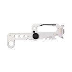 A silver multi-tool with various hexagon shapes, a bottle opener, and a carabiner clip. It features measurement markings.