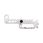 A silver multi-tool featuring various functions, including a ruler, wrench, and flathead screwdriver, with a keyring attachment.