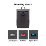 A grey backpack with a top flap, featuring a logo and multiple branding options at the bottom.