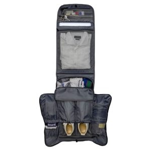 A grey backpack with multiple compartments, including space for shoes, clothing, and accessories. It features a logo.