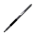 A stylus pen in silver with a black rubber grip, featuring a branding logo on the side.