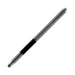 A silver stylus pen with a textured black grip and a rounded tip, featuring a logo on the barrel.