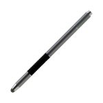A silver stylus pen with a black grip, featuring a smooth, rounded tip and a logo.
