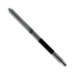 A silver stylus pen with a black grip and a logo, designed for writing and touchscreen use.