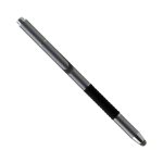 A silver stylus pen with a black grip, featuring a logo on the side.