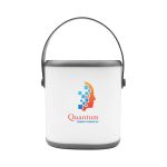 A white portable speaker with a grey handle, featuring a logo on the front.