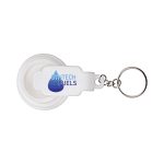 A white torch keychain featuring a circular design, with a keyring and branding displayed on the body.