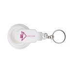 A white keychain torch with a round lens and a branding logo. Features a simple design for easy portability.
