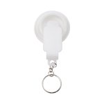 A white smartphone torch attached to a keyring, with a simple design and a keychain loop.